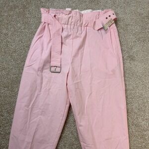 Vintage 90s Justin Allen Pants Womens L Pink Twill Paperbag Belted Tapered Leg
